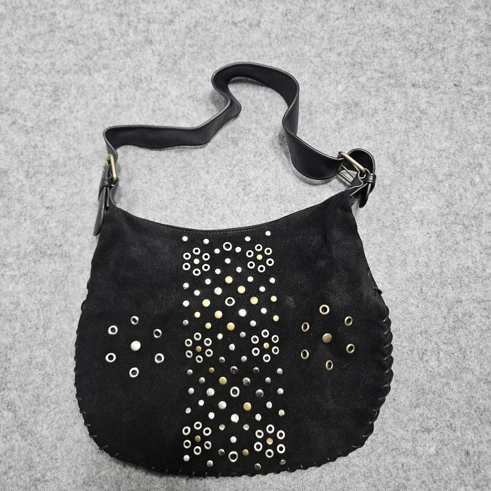 Bisou Bisou Black Suede Leather Shoulder Bag With Metal Elements Pre-Owned
